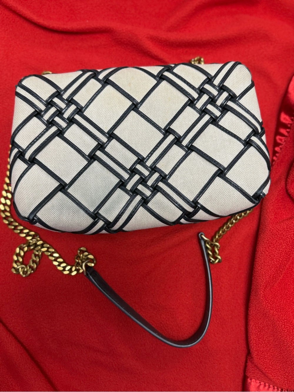Tory Burch Cream Shoulder Bag with Black Woven Trim and Gold Hardware - Picture 8 of 13